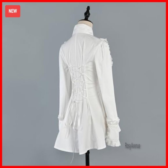 Victorian Gothic Cotton Blouse with Lace-Up Back and Ruffles - Picture 5 of 7